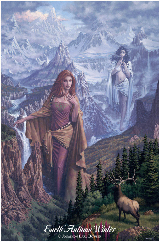 ...an oil painting of the Goddesses of Autumn and Winter as they traverse a vast terrestrial landscape on it's seasonal journey around the sun...